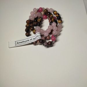 Mala de perle naturelle Amethyste Oeil de tigre et Quartz 8 mm